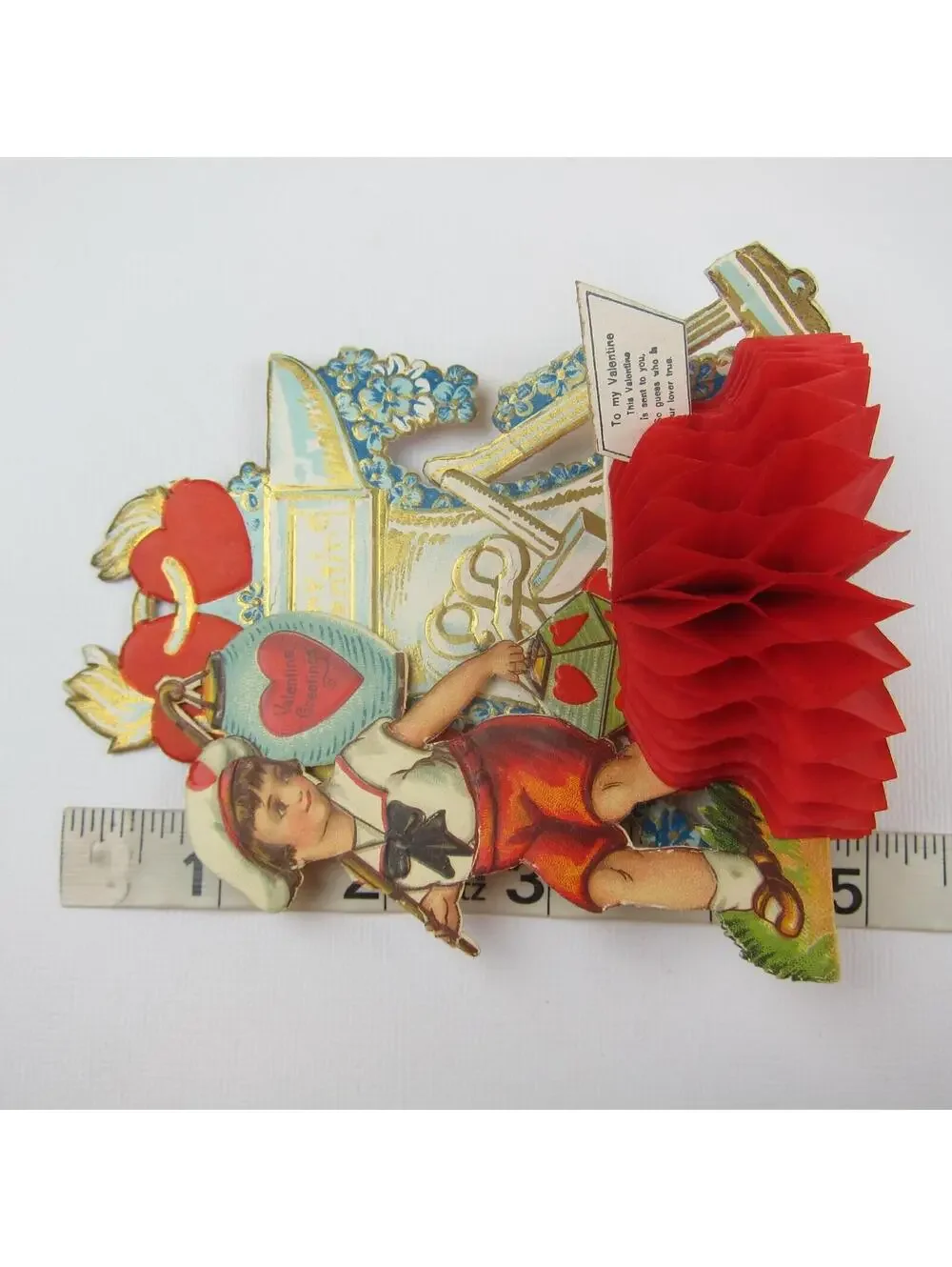 Antique Valentine Honeycomb 3D Pop Up Die cut Boy Sailor Suit Lantern & Tools
